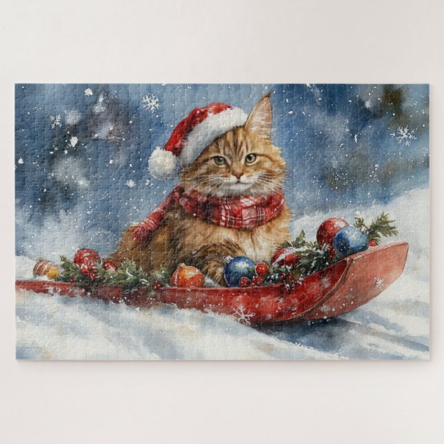 Puzzle Chat de Maine Coon en sledge Laisser neiger Noël (Horizontal)
