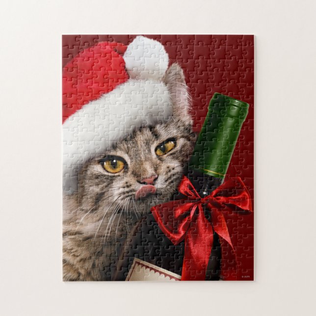 Puzzle Chat De Noël Avec Bouteille De Vin (Vertical)