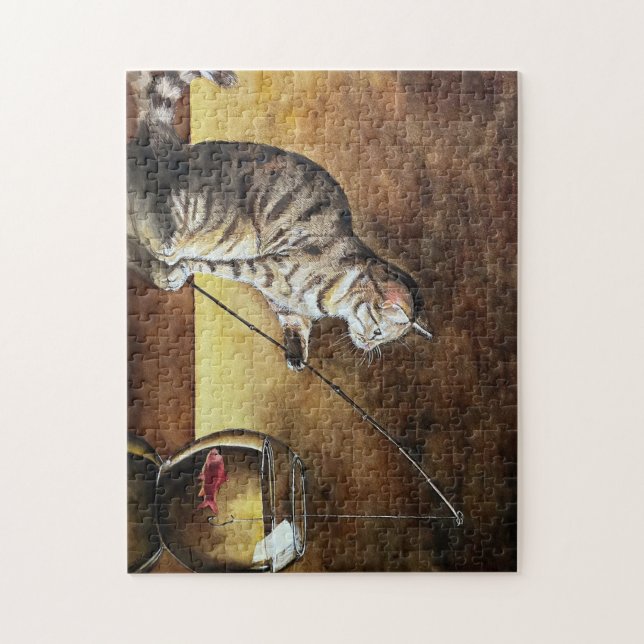 Puzzle chat de pêche à l'aquarelle (Vertical)