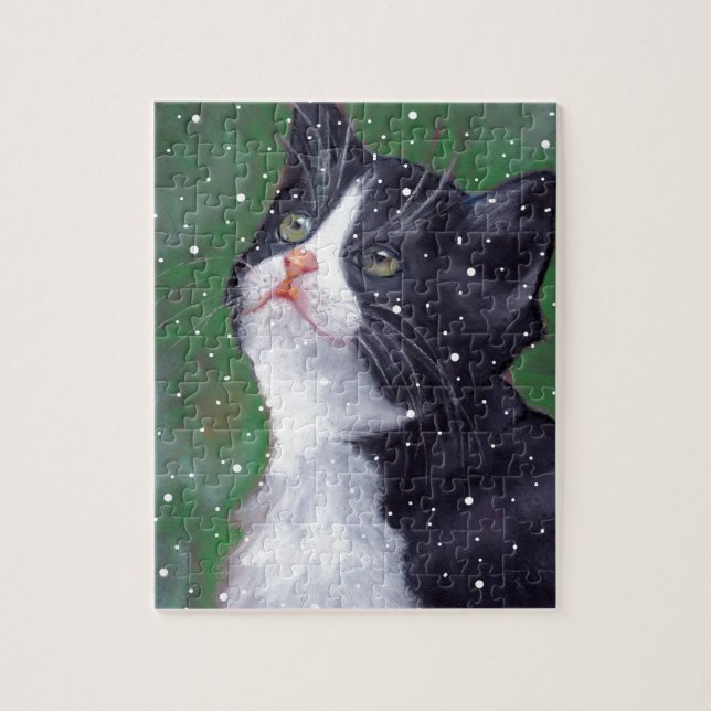 Puzzle Chat de smoking regardant des flocons de neige, (Vertical)