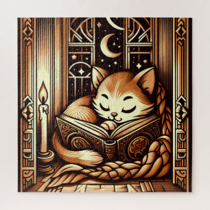Puzzle Chat de style Art Déco endormi avec un livre