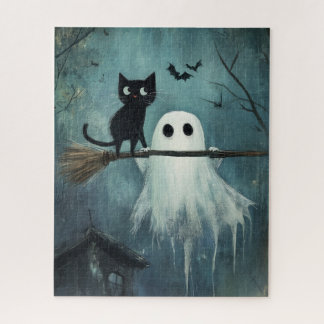 Puzzle Chat d'Halloween et fantôme volent dans la chambre