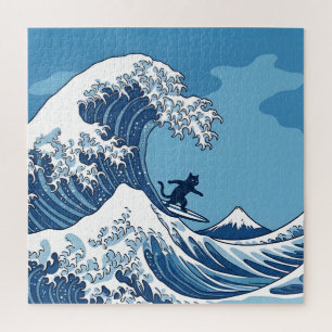 Puzzle Chat Drôle Faisant du Surf sur la Grande Vague au