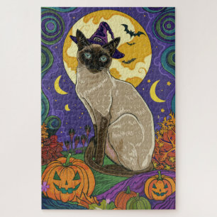 Puzzle Chat éffrayant Siamese Halloween sorcière et Citro