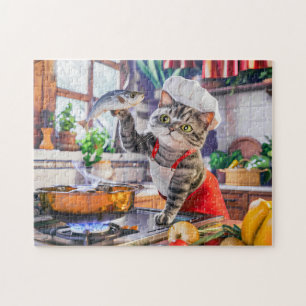 Puzzle Chat en toque de chef cuisinant avec des légumes e