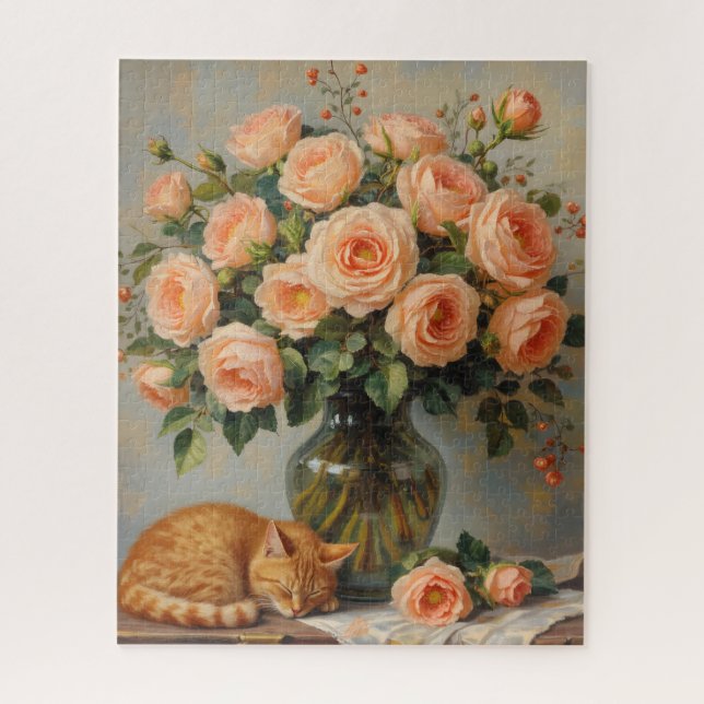 Puzzle Chat endormi et Roses (Vertical)