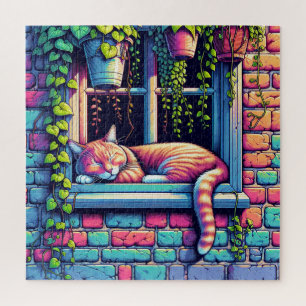 Puzzle Chat endormi sur un rebord de fenêtre - Art IA