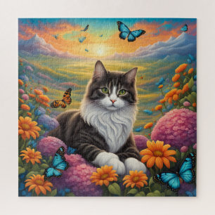 Puzzle Chat entouré de fleurs et de papillons