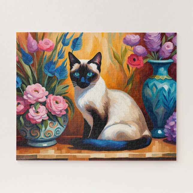 Puzzle Chat et bouquets siamois dans Vases aquarelle (Horizontal)