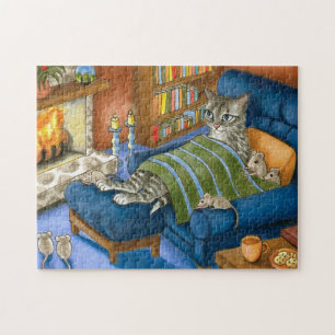 Puzzle Chat et souris assis devant une cheminée 459