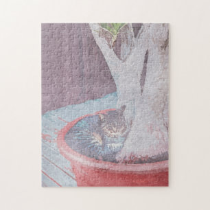 Puzzle chat extérieur dormant art numérique aquarelle