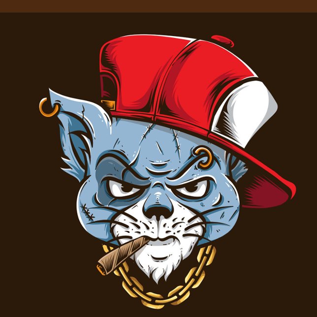 Puzzle Chat Gangster (A cartoon illustration of a blue cat head with an angry expression, wearing a red baseball cap.)