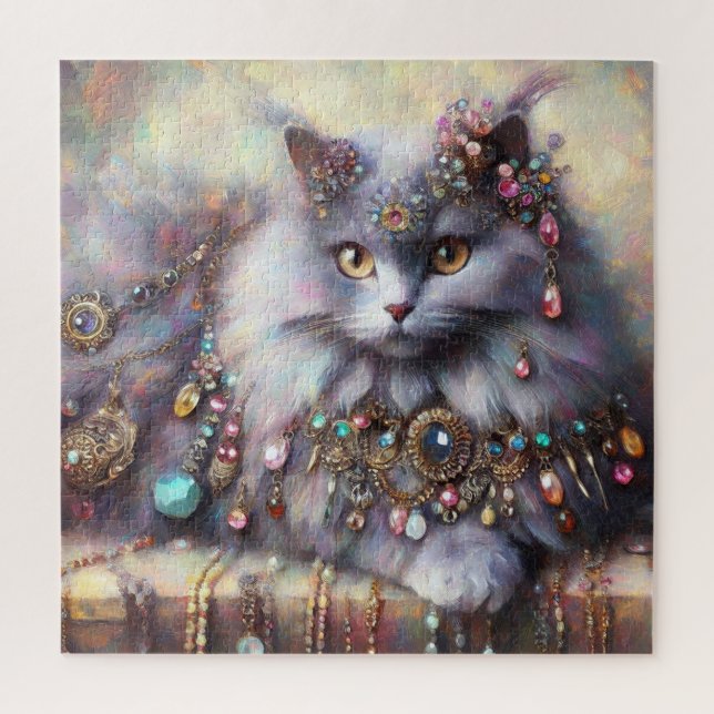 Puzzle Chat Gris aux cheveux longs avec bijoux Gris Gris  (Vertical)