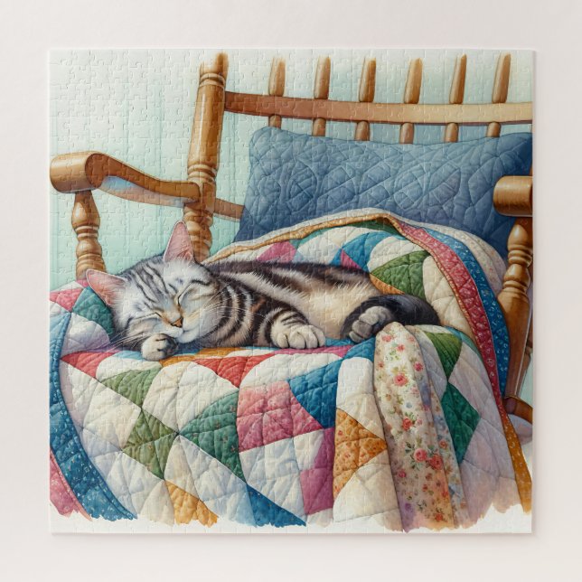 Puzzle Chat gris doux dormant sur une courtepointe (Vertical)
