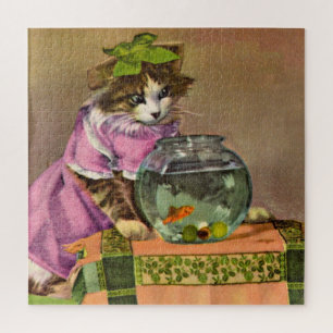 Puzzle chat habillé et bol de poisson