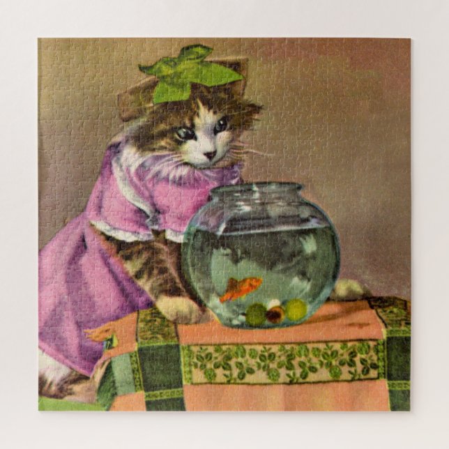 Puzzle chat habillé et bol de poisson (Vertical)