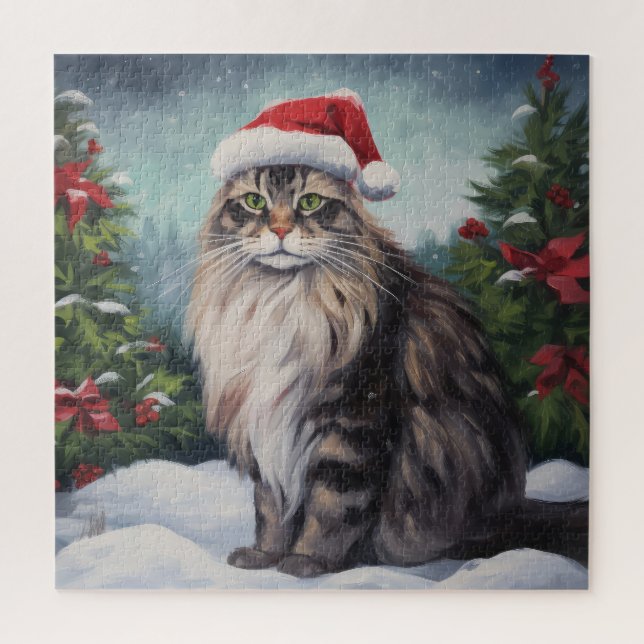 Puzzle Chat Maine Coon à Noël de neige (Vertical)