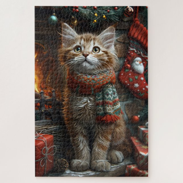Puzzle Chat Maine Coon Avec Foyer Cadeaux De Noël (Vertical)