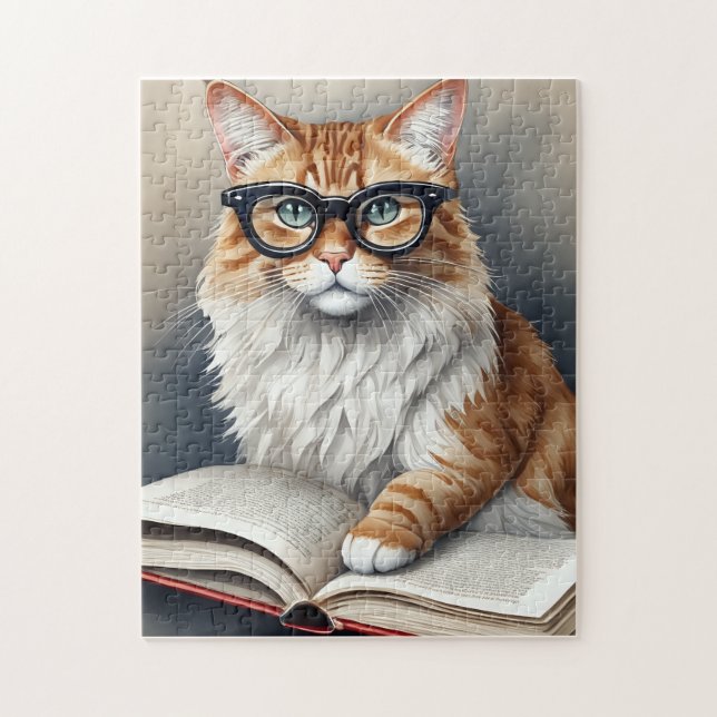 Puzzle Chat mignon avec lunettes Lecture d'un livre (Vertical)