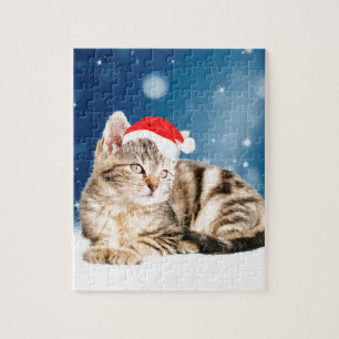 Puzzle Chat mignon portant chapeau de Noël rouge neige