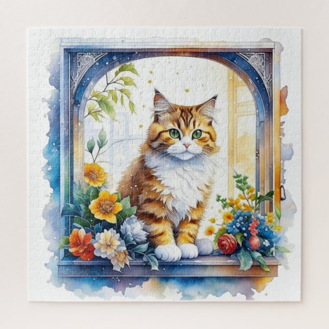Puzzle Chat mignonne en fenêtre de fleurs (Vertical)