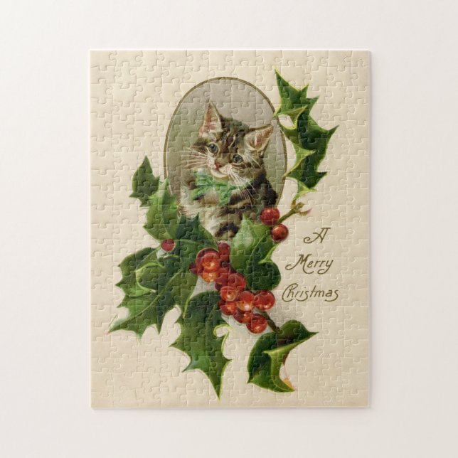 Puzzle Chat Noël Joyau Holly Kitten Art antique (Vertical)