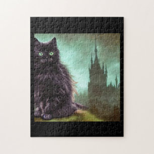 Puzzle Chat noir aux cheveux longs yeux verts devant le c