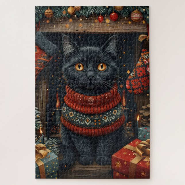 Puzzle Chat noir avec cadeaux de Noël cheminée (Vertical)