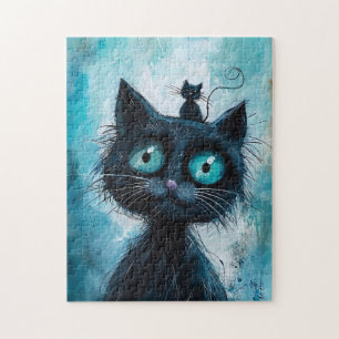 Puzzle Chat noir avec un petit chat sur la tête