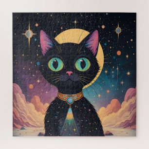 Puzzle Chat noir cosmique futuriste atomique en clair de 