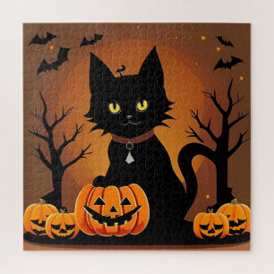 Puzzle Chat noir d'Halloween entouré de citrouilles