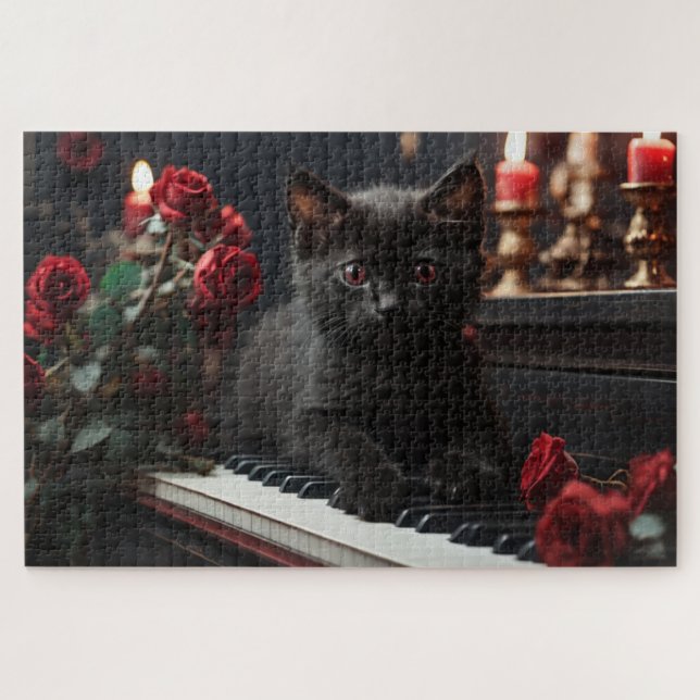 Puzzle Chat noir doux allongé sur un piano (Horizontal)