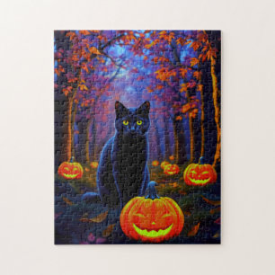 Puzzle Chat noir en forêt Citrouille la nuit d'Halloween