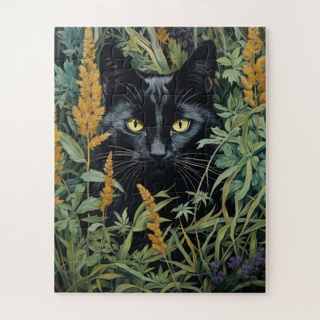 Puzzle Chat noir et fleurs (Vertical)