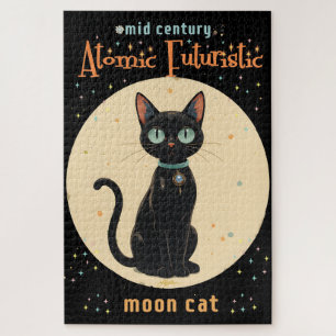 Puzzle Chat noir futuriste atomique avec lune et texte