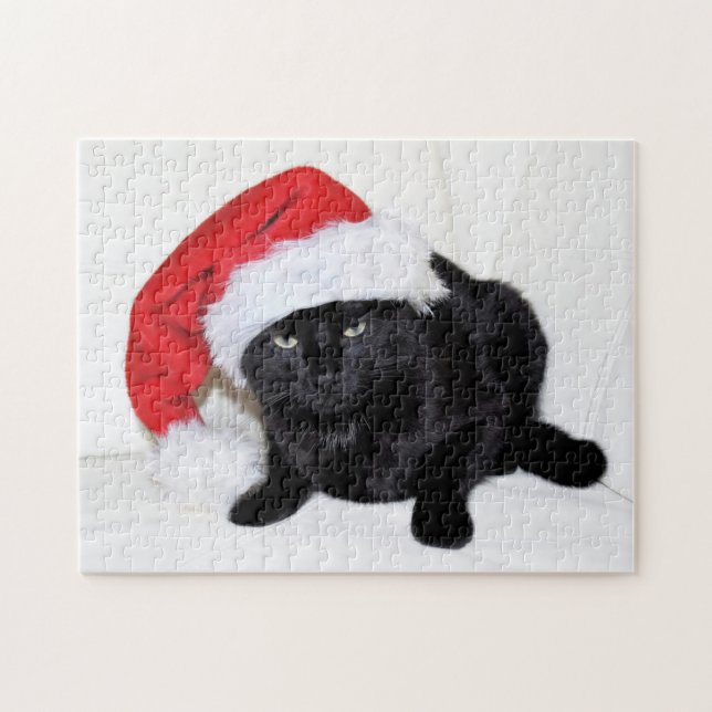 Puzzle Chat noir mignon avec le casquette de Père Noël (Horizontal)
