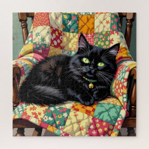 Puzzle Chat noir mignon sur chaise à rocher