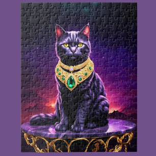 Puzzle Chat noir portant un bijou vert au coucher du sole