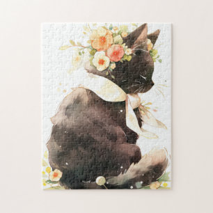 Puzzle Chat noir portant une couronne de fleurs