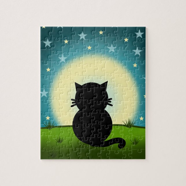 Puzzle Chat Noir Regardant La Lune (Vertical)