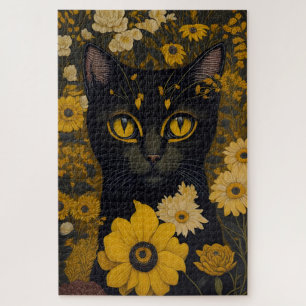 Puzzle Chat noir Yellow Eyes Fleurs Vintages #2