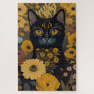 Puzzle Chat Noir Yeux Jaunes Fleurs Vintage