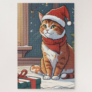 Puzzle Chat orange avec animal mignon casquette de Noël