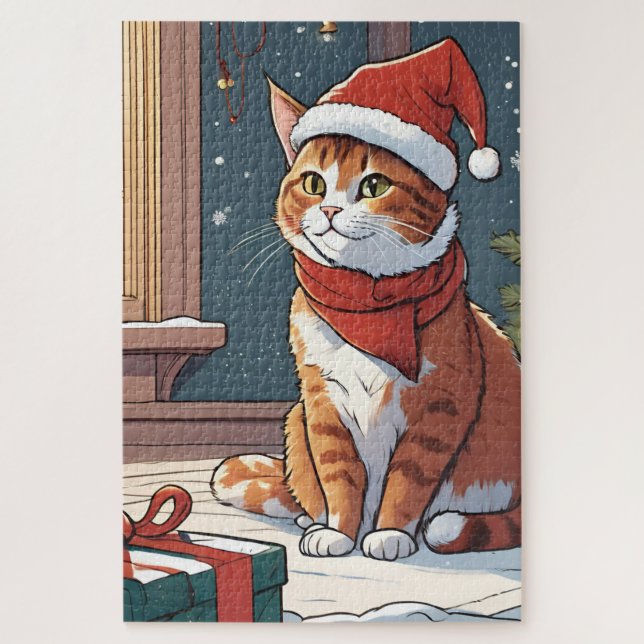 Puzzle Chat orange avec animal mignon casquette de Noël (Vertical)