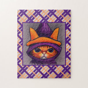 Puzzle Chat orange avec Casquette de sorcière violette De