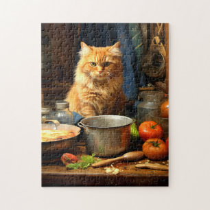 Puzzle Chat orange sur table de cuisine