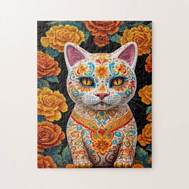 Puzzle Chat peint avec des fleurs (Vertical)