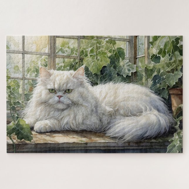 Puzzle Chat perse blanc bouffant dans un jardin (Horizontal)