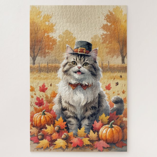 Puzzle Chat Perse En Automne Feuilles Thanksgiving Art (Vertical)