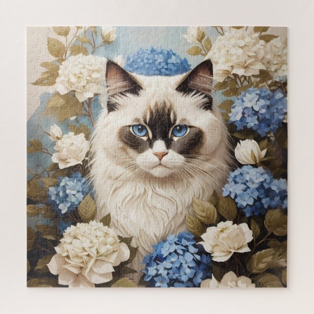 Puzzle Chat Ragdoll Avec Fleurs Bleues D'Hydrangée (Vertical)